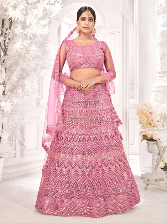 Pink Embroiderd Net Lehenga