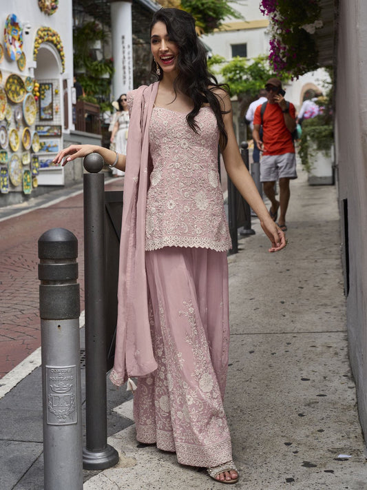 Pink Silk Beads and Embroidered Work Palazzo Salwar Suit for Women