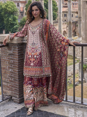 Pink And Red Printed Embroidered Palazzo Suit