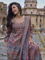 Magenta And Blue Printed Embroidered Palazzo Suit