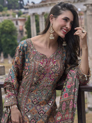Magenta And Olive Printed Embroidered Palazzo Suit