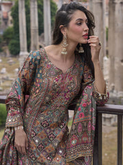 Magenta And Olive Printed Embroidered Palazzo Suit