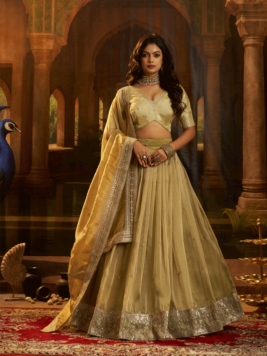 Beige Wedding Wear Art Silk Sequins Work Lehenga Choli With Dupatta