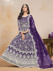 Embroidered Net Abaya Style Suit in Purple