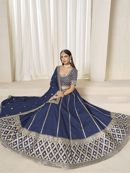 Navy Blue Silk Zari Embroidered Gota Lehenga Wedding