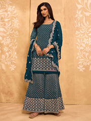 Turquoise Embroidered Georgette Sharara Suit