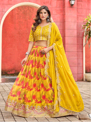 A Line Yellow Embroidered Art Silk Lehenga Choli