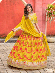 A Line Yellow Embroidered Art Silk Lehenga Choli