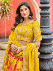 A Line Yellow Embroidered Art Silk Lehenga Choli