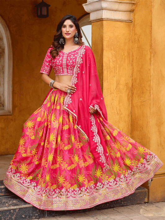A Line Pink Embroidered Art Silk Lehenga Choli