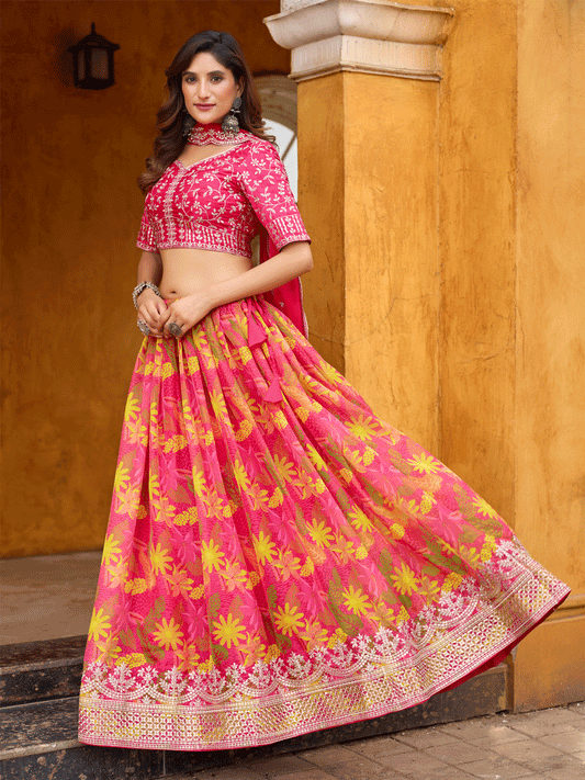 A Line Pink Embroidered Art Silk Lehenga Choli
