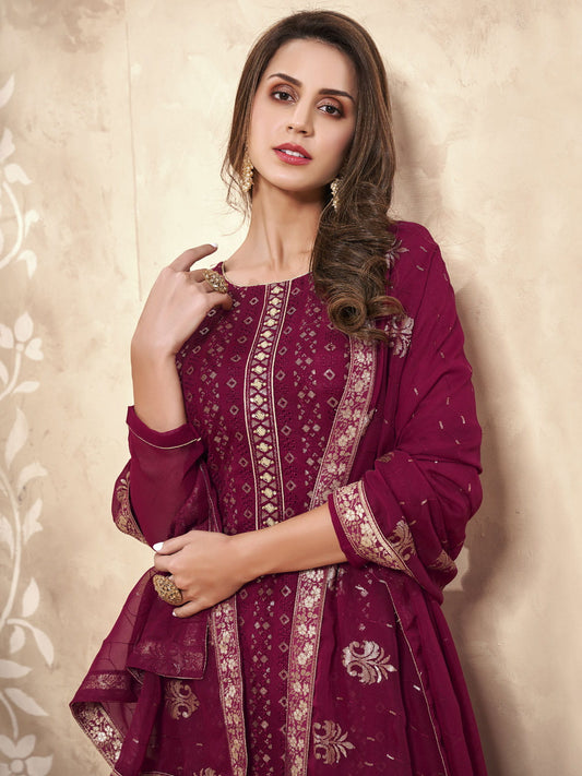 Magenta Heavy Embroidered Designer Straight Pant Style Georgette Suit