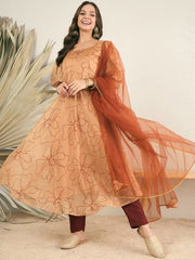 Women Brown Floral Printed Regular Kurta with Trousers & With Dupatta