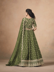 Green Organza Crushed Embroidered Lehenga Choli