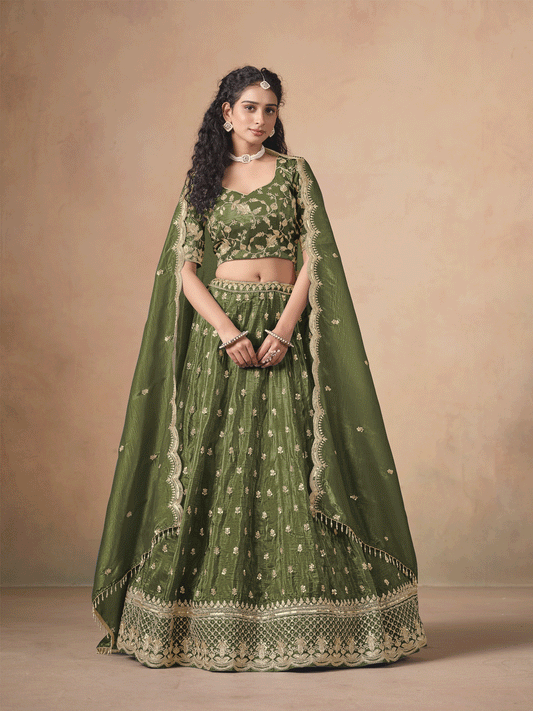 Green Organza Crushed Embroidered Lehenga Choli