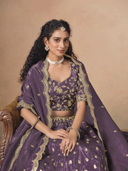 Purple Organza Crushed Embroidered Lehenga Choli