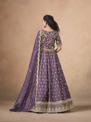 Purple Organza Crushed Embroidered Lehenga Choli