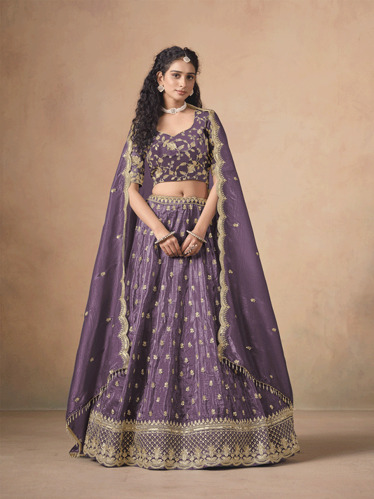 Purple Organza Crushed Embroidered Lehenga Choli