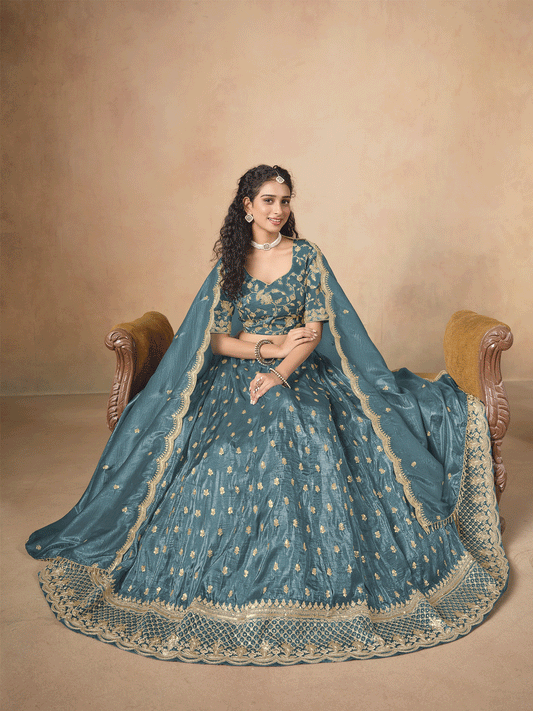 Rama Organza Crushed Embroidered Lehenga Choli