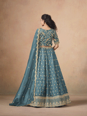 Rama Organza Crushed Embroidered Lehenga Choli