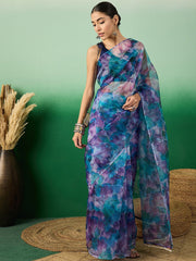 Blue Floral Digital Printed Organza Saree