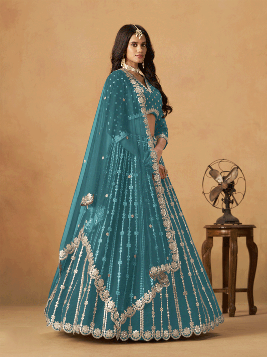 Wedding Festive Rama Embroidered Lehenga Choli