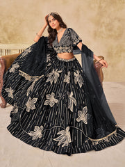 Black Silk Sequins Umbrella Lehenga Wedding Wear
