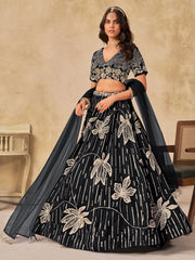 Black Silk Sequins Umbrella Lehenga Wedding Wear