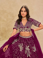 Purple Silk Sequins Umbrella Lehenga Wedding Wear
