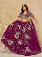 Purple Silk Sequins Umbrella Lehenga Wedding Wear
