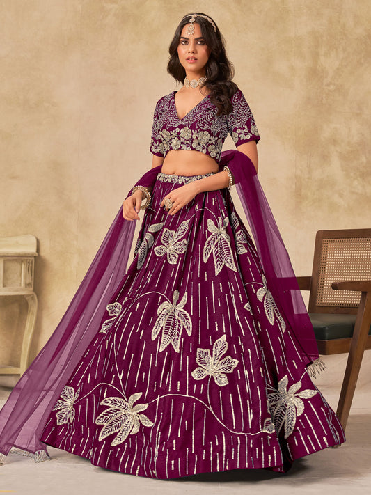 Purple Silk Sequins Umbrella Lehenga Wedding Wear