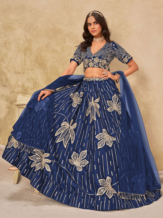 Blue Silk Sequins Umbrella Lehenga Wedding Wear