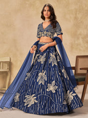 Blue Silk Sequins Umbrella Lehenga Wedding Wear