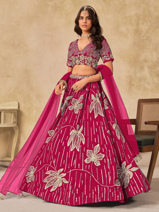Rani Pink Silk Sequins Umbrella Lehenga Wedding Wear