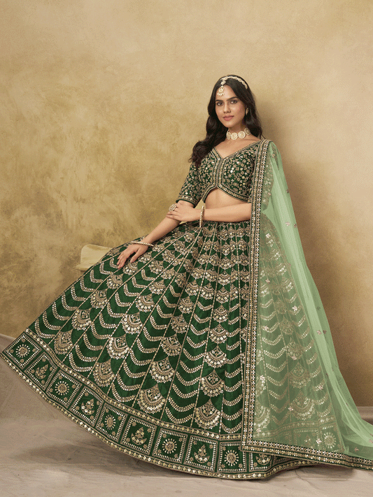 Wedding Festive Art Silk Green Embroidered Lehenga Choli
