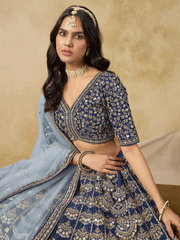 Wedding Festive Art Silk Blue Embroidered Lehenga Choli