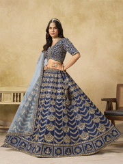 Wedding Festive Art Silk Blue Embroidered Lehenga Choli