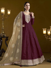 Wine Chanderi Butti Embroidered Festive Anarkali Suit