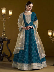 Peacock Blue Embroidered Silk Anarkali Suit