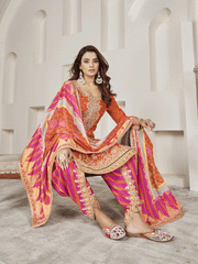 Embroidered Chinon Silk Punjabi Suit in Orange