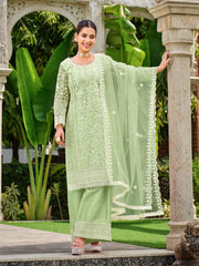 Lime Green Thread Embroidery Festive Palazzo Suit