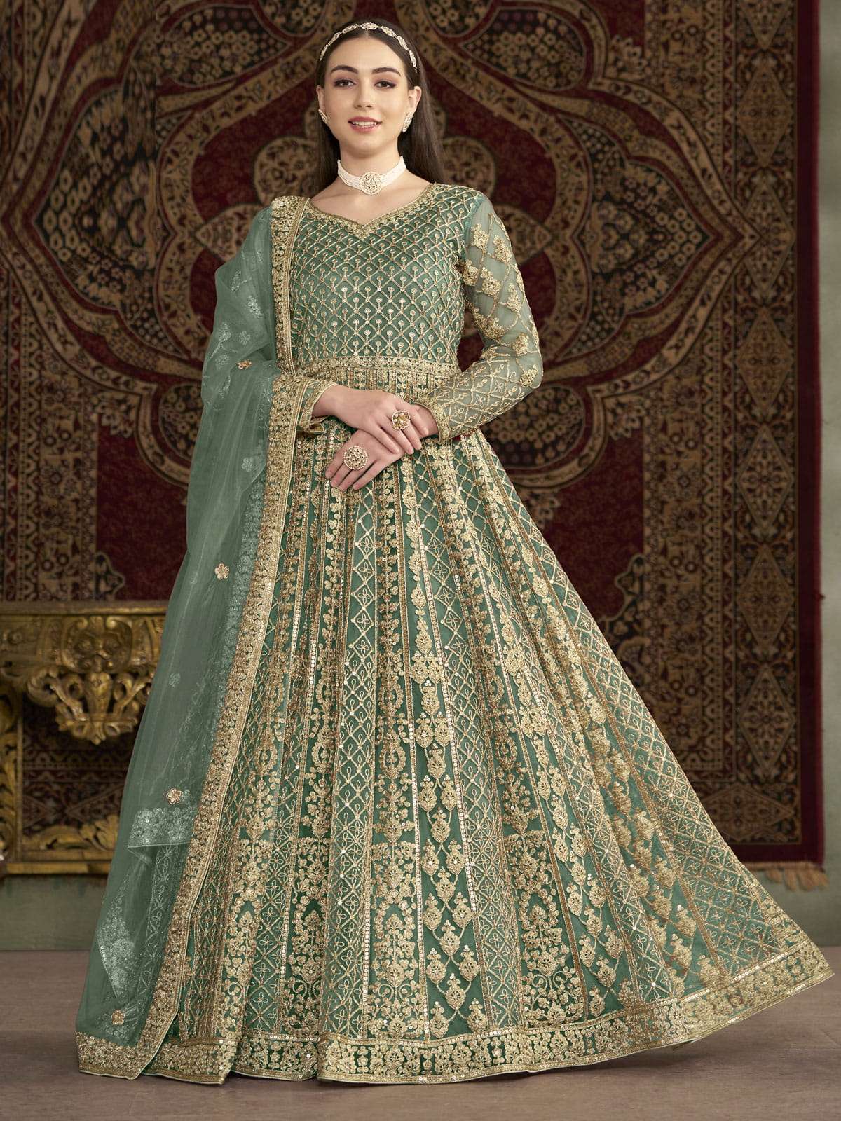 Sea Green Traditional Embroidery Wedding Anarkali Suit XS-34 Sea Green Traditional Embroidery Wedding Anarkali Suit XS-34