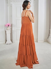 Rust Floral Embroidered Sequined & Tiered Maxi Ethnic Dress