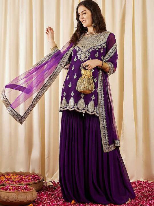 Purple Ethnic Motifs Embroidered Regular Sequined Kurti with Sharara & Dupatta