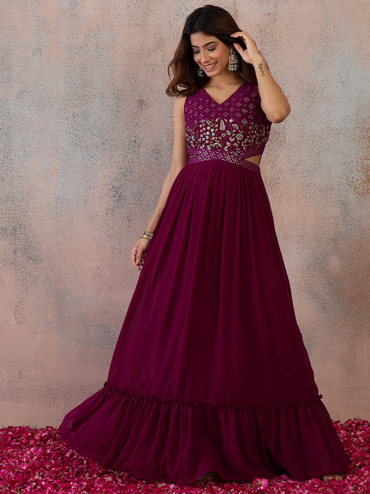 Embroidered V-Neck Gown Ethnic Dresses
