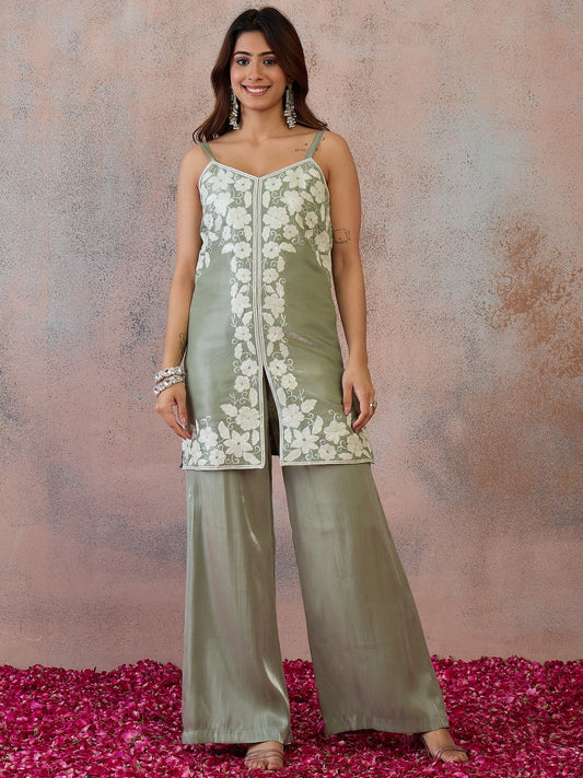 Women Floral Thread Embroidered Kurta & Palazzo with Dupatta