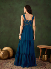 Floral Thread & Sequinned Embroidered Gathered Ethnic Drees