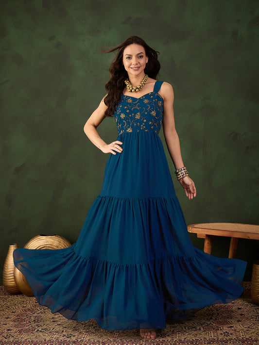 Floral Thread & Sequinned Embroidered Gathered Ethnic Drees