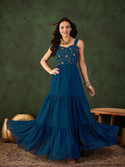 Floral Thread & Sequinned Embroidered Gathered Ethnic Drees