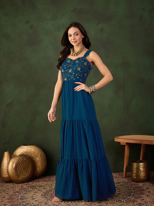 Floral Thread & Sequinned Embroidered Gathered Ethnic Drees